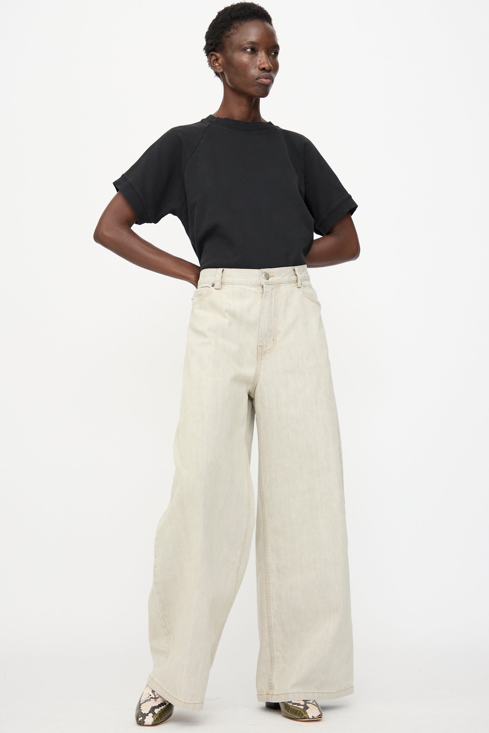 A person stands against a white background wearing a black short-sleeve top, Rachel Comey's Dottir Pant in Khaki Wash, and snakeskin-patterned shoes.