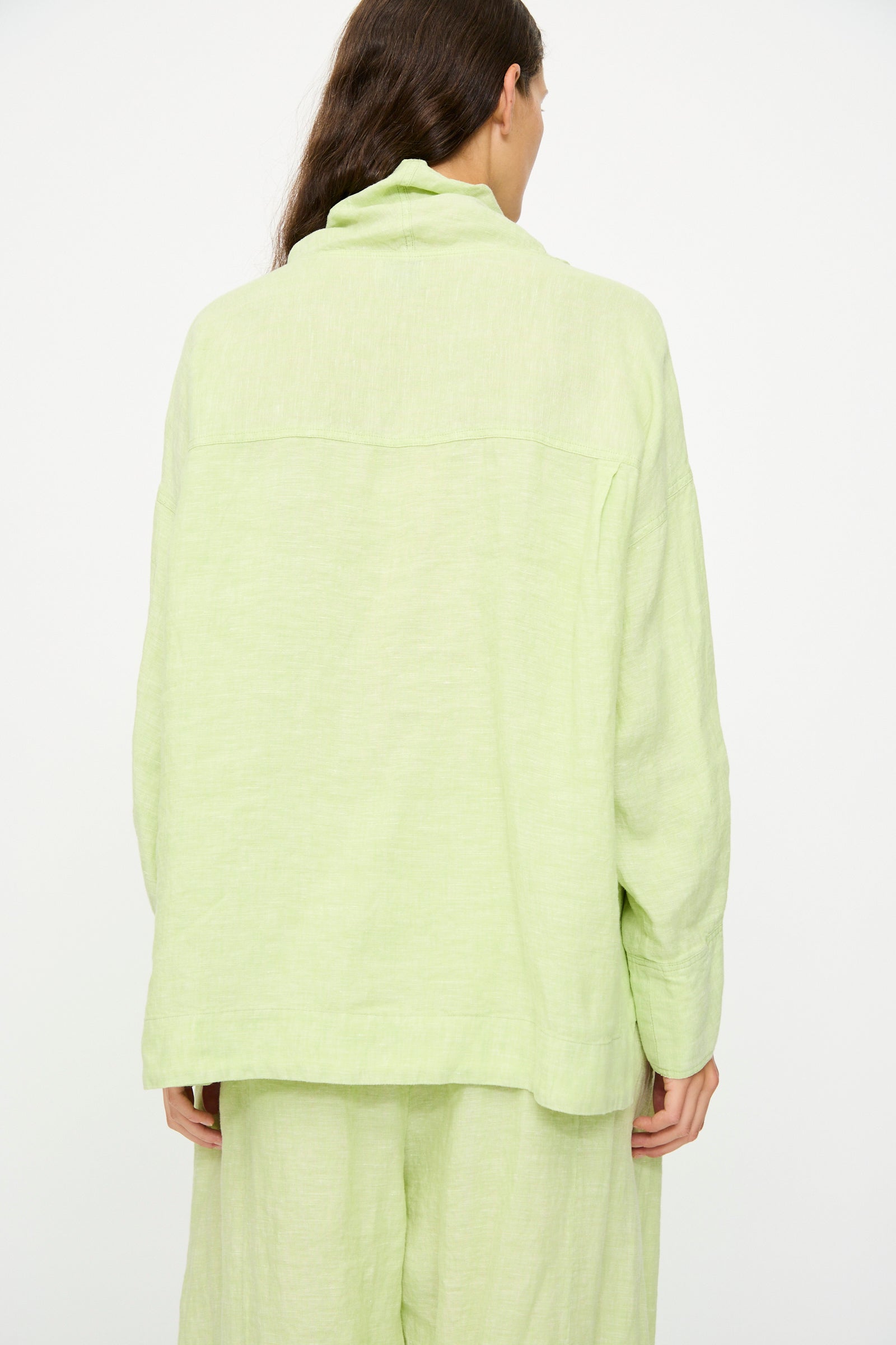 A person with long brown hair, shown from the back, wears the Rachel Comey Fiamma Top in White Sage— a light green, relaxed-fit linen long-sleeve top—paired with matching pants, against a plain white background.