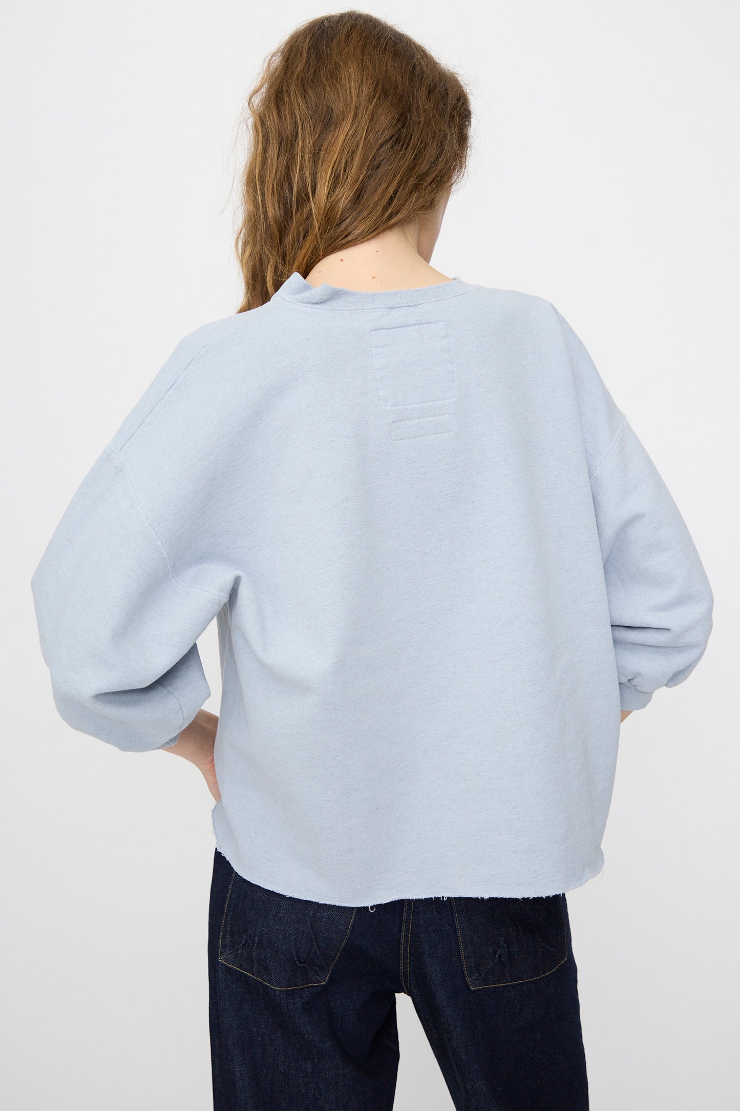A person with long brown hair stands with their back to the camera against a white background, wearing the genderless Rachel Comey Fond Sweatshirt in light blue cotton blend and dark jeans.
