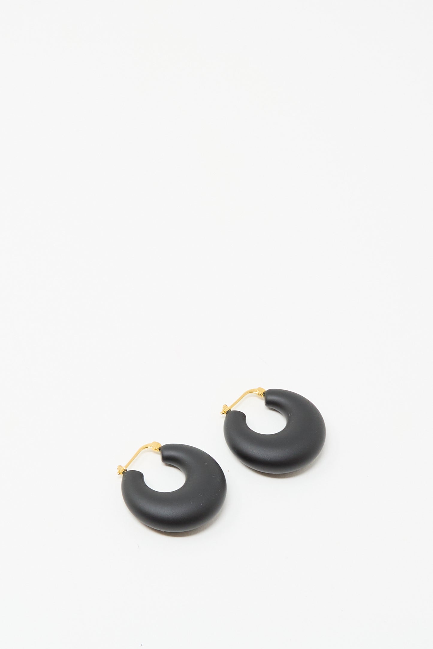 The Grass Earrings in Black Matte by Rachel Comey feature chunky crescent-shaped acrylic hoops with gold hinged fastenings, shown against a white background.