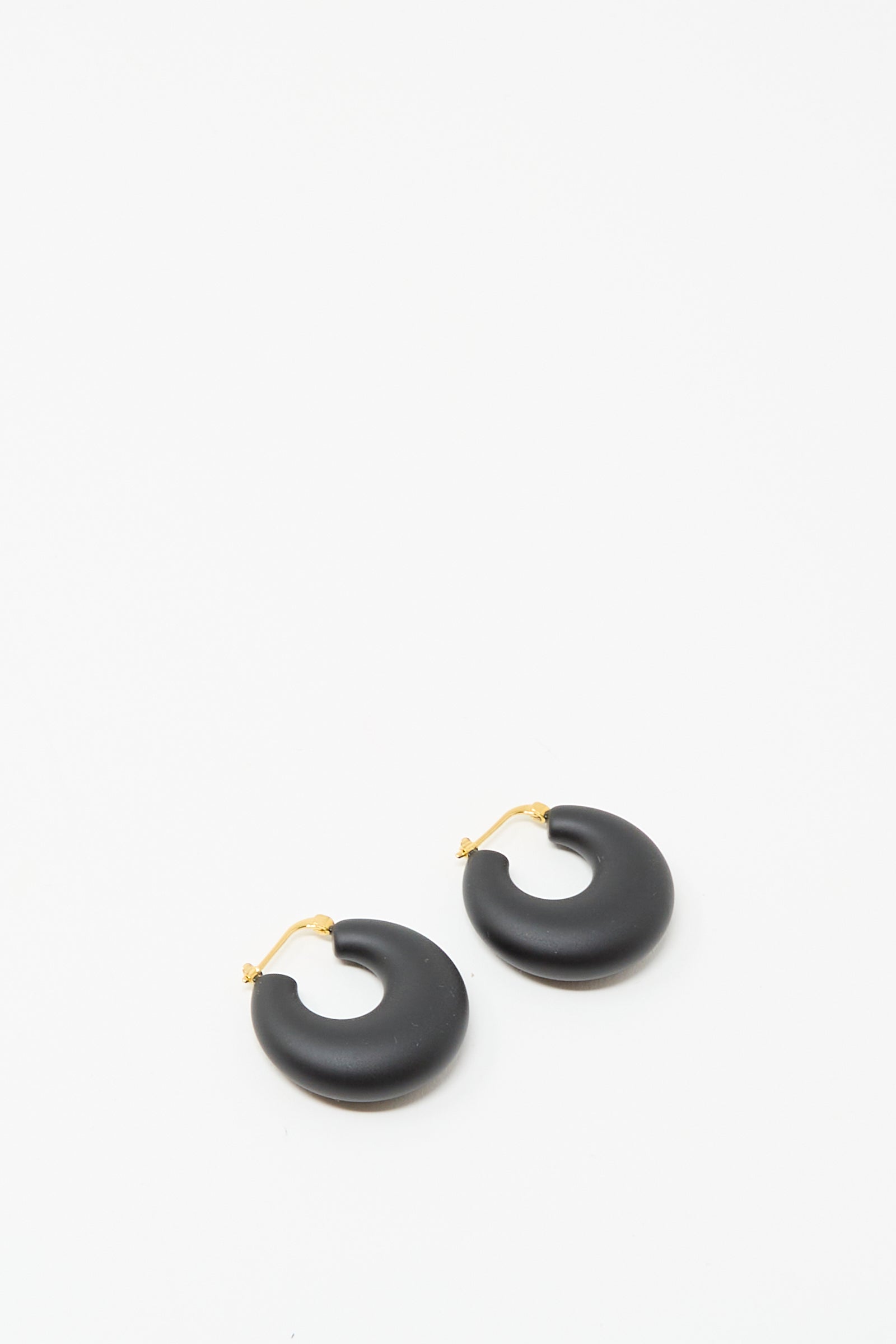 The Grass Earrings in Black Matte by Rachel Comey feature chunky crescent-shaped acrylic hoops with gold hinged fastenings, shown against a white background.