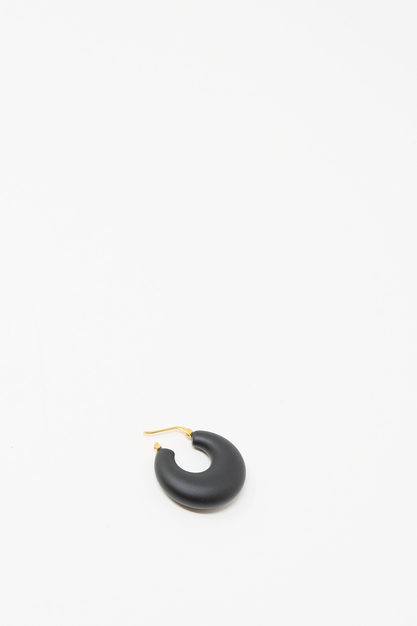 A single Grass Earring in Black Matte by Rachel Comey, featuring a chunky hoop and gold hinged fastening, is positioned near the center of a plain white background.