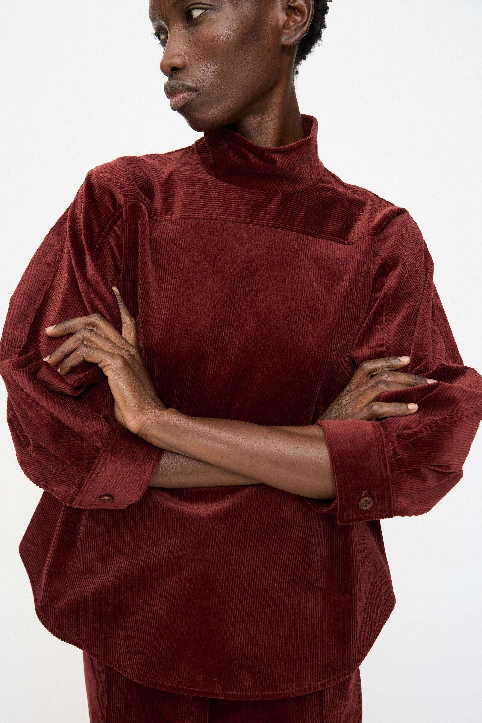 Model wearing the Rachel Comey Groth Top in Brick, featuring a high mock neck and long sleeves, stands with arms crossed and looks to the side against a plain background.