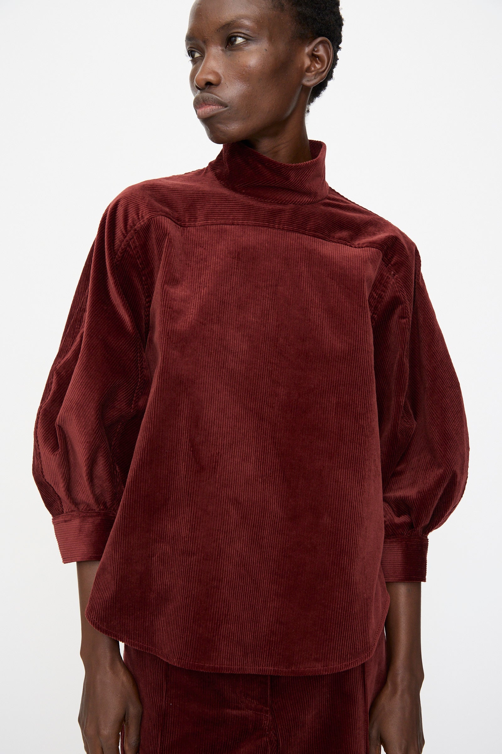 A person wears the Rachel Comey Groth Top in Brick, featuring stretch corduroy, a high mock neck, and puff sleeves, standing against a plain light background.