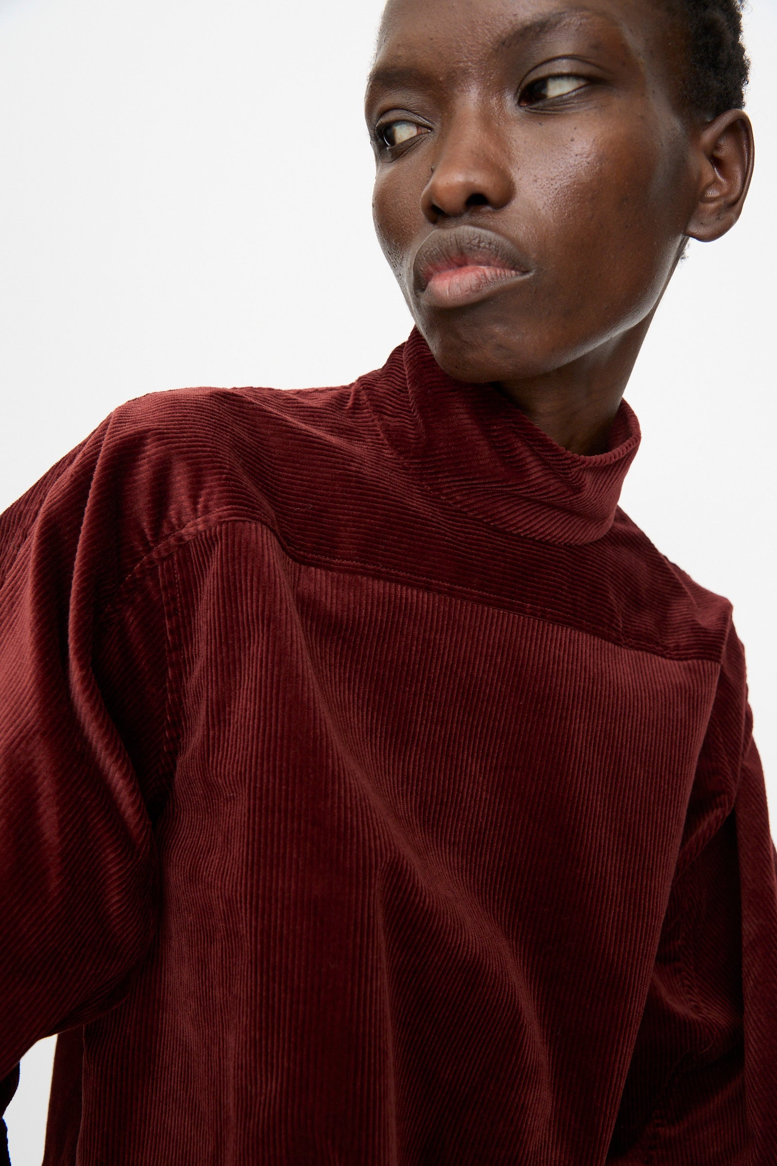 A person wears the Rachel Comey Groth Top in Brick, a long-sleeved, high mock neck stretch corduroy piece, looking to the side against a plain background.