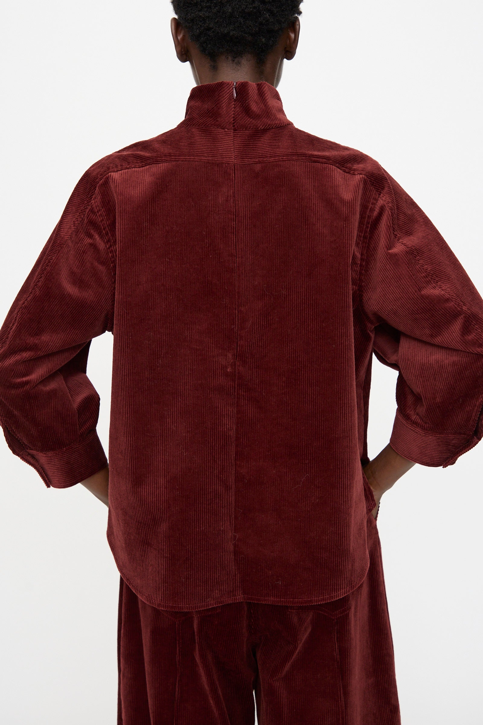 Model wears the Rachel Comey Groth Top in Brick, a matching burgundy stretch corduroy piece with a high mock neck, shown from the back with hands on hips against a plain background.
