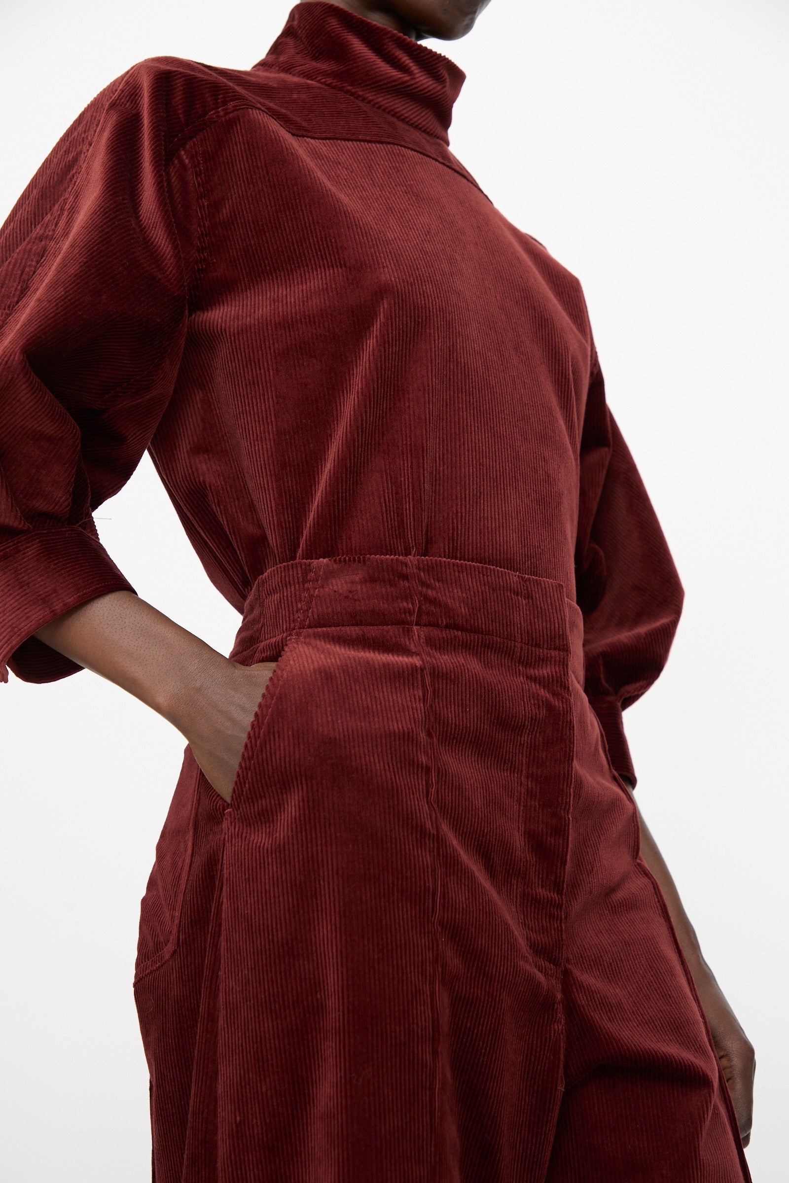A person models the Rachel Comey Lanett Cord Pant in Brick, featuring a wide-leg silhouette, standing with one hand in their pocket against a plain background.