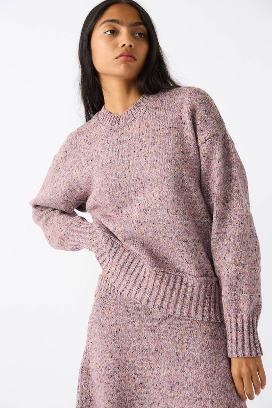 A person with long dark hair is wearing a Rachel Comey Neps Tweed Knit Ninni Sweater in Violet and a matching skirt made from recycled cotton, standing against a plain white background.