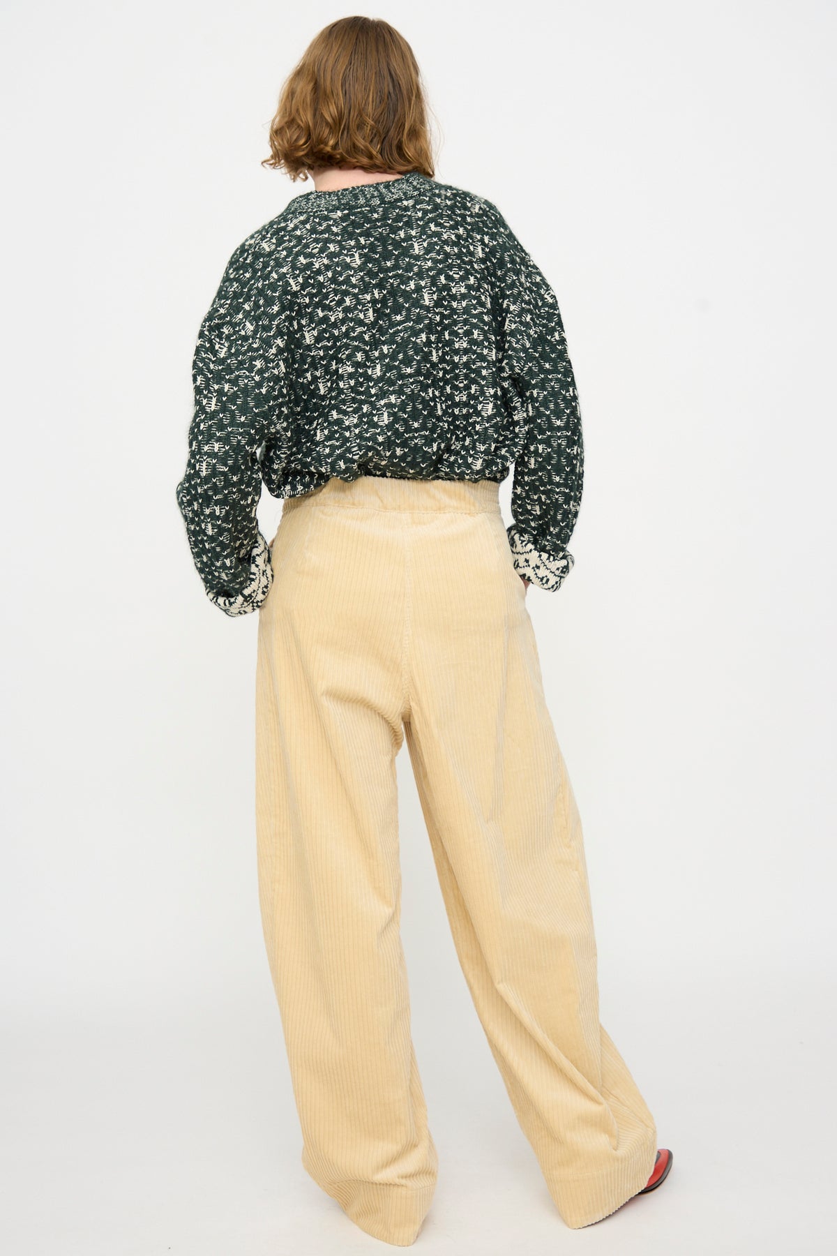 A person stands with their back to the camera against a plain white background, wearing a green patterned sweater and the Rachel Comey Tanner Pant in Dune—loose, mid-rise, wide leg beige pants.