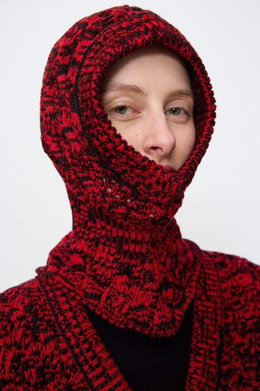 Person wears the Zet Balaclava in Red Marle by Rachel Comey with only their face exposed, paired with a chunky knit sweater, set against a plain white background.