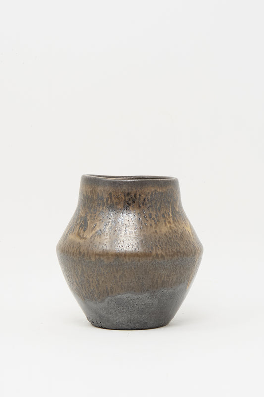 The Small Sap Vase in Black I by Rachel Craven is a handmade, round vase with a wide body, narrow opening, and textured surface in brown-to-dark gray tones, shown against a plain white background.
