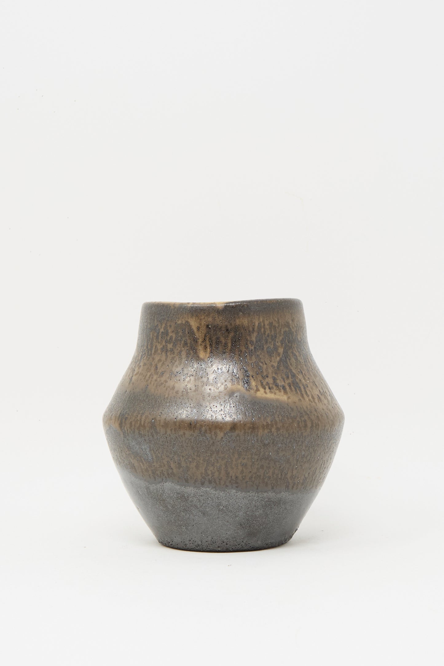 The Small Sap Vase in Black I by Rachel Craven is a wheel-thrown clay vase with a wide body, narrow opening, and brown-gray mottled glaze, shown against a plain white background.