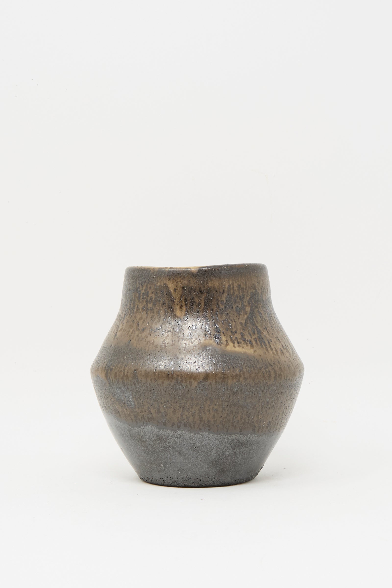 The Small Sap Vase in Black I by Rachel Craven is a wheel-thrown clay vase with a wide body, narrow opening, and brown-gray mottled glaze, shown against a plain white background.
