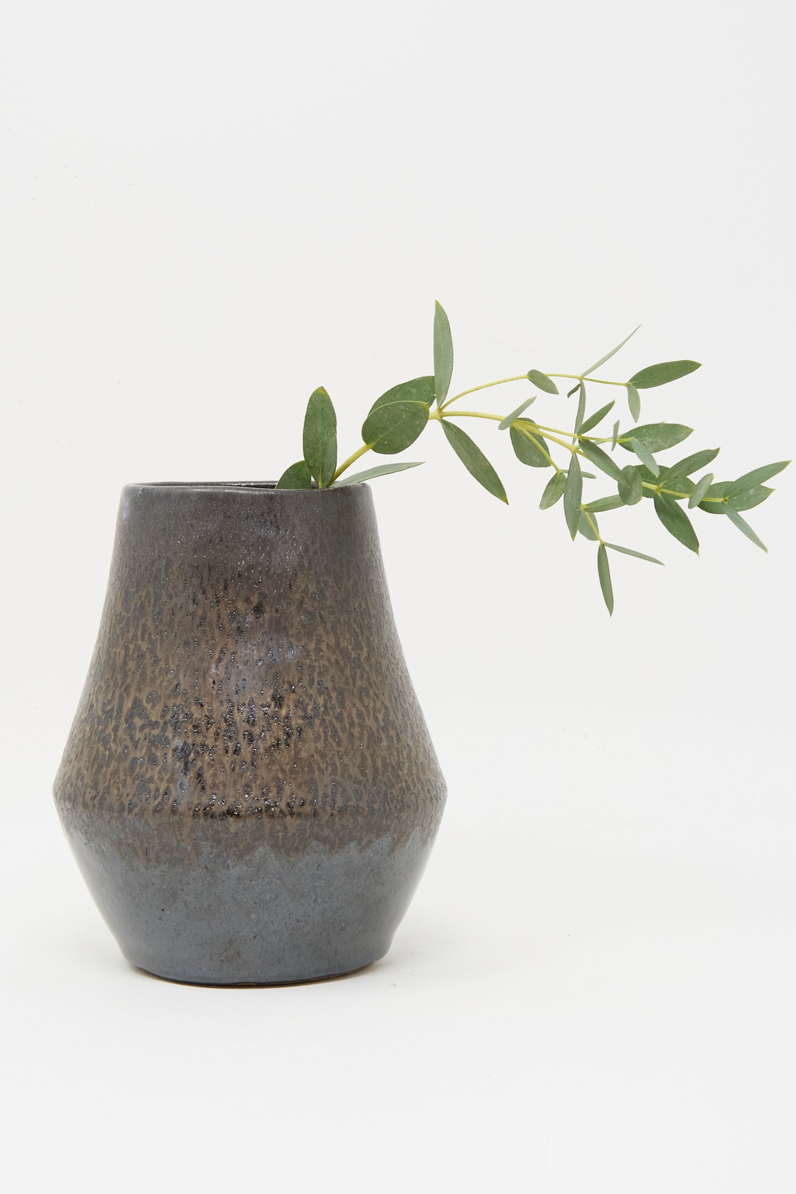 The Small Sap Vase in Black III by Rachel Craven is a dark, textured handmade vase holding a single green leafy branch, displayed against a plain white background.