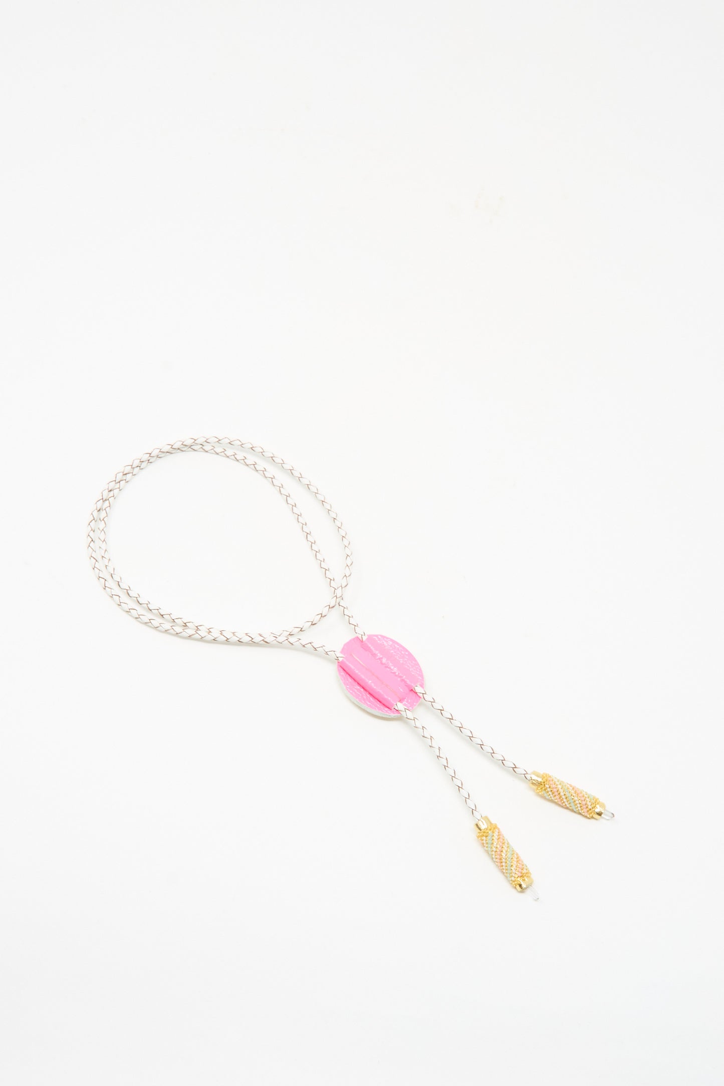 The Robin Mollicone Bolo Necklace in Mother of Pearl and Quartz features a handmade silver chain, a round pink Mother of Pearl centerpiece, and gold-patterned tips, shown on a white background.