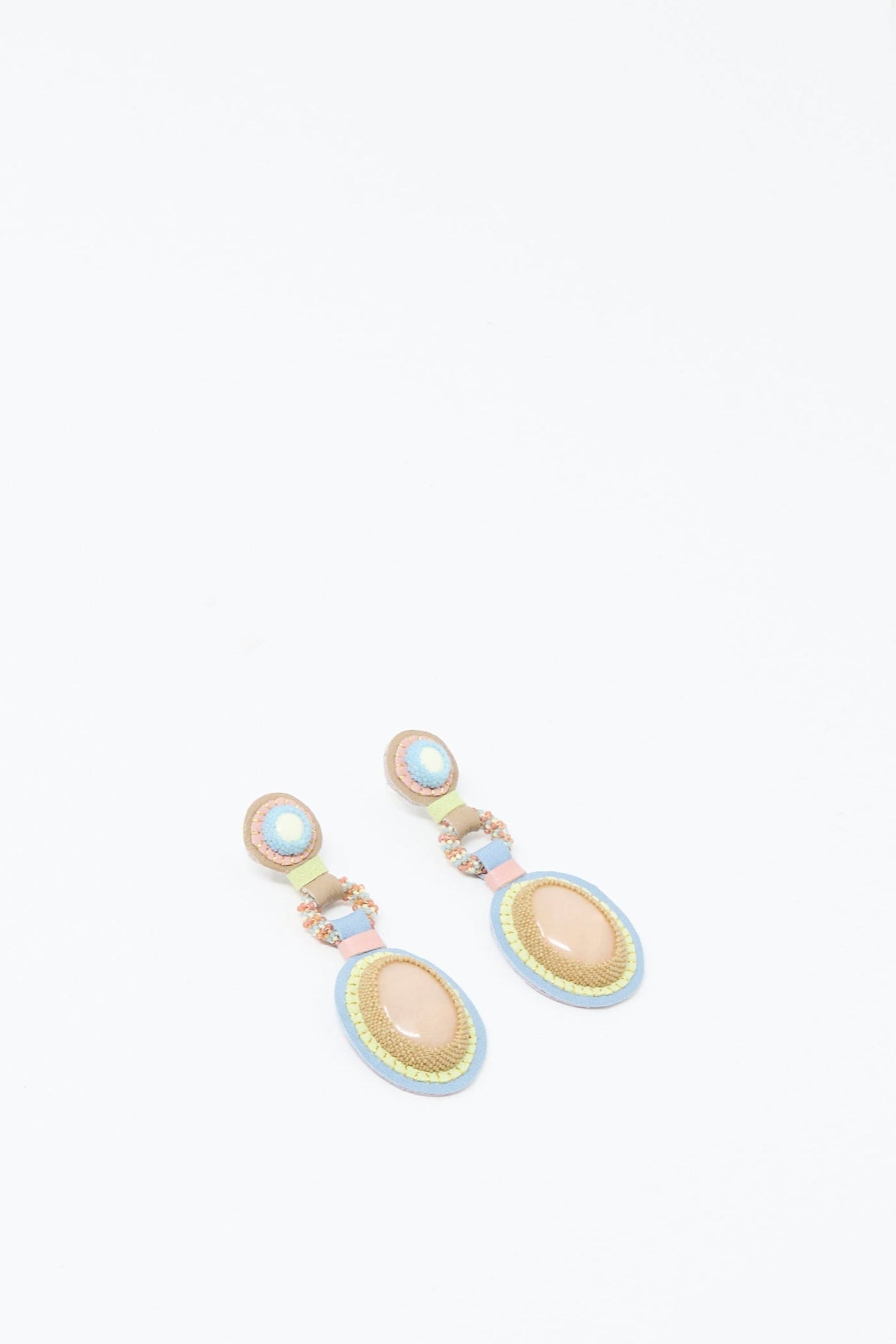 A pair of Robin Mollicone Double Stone Earrings in Lemon Chrysoprase and Peach Aventurine, with oval centers accented by blue, green, and pink—shown on a white background.