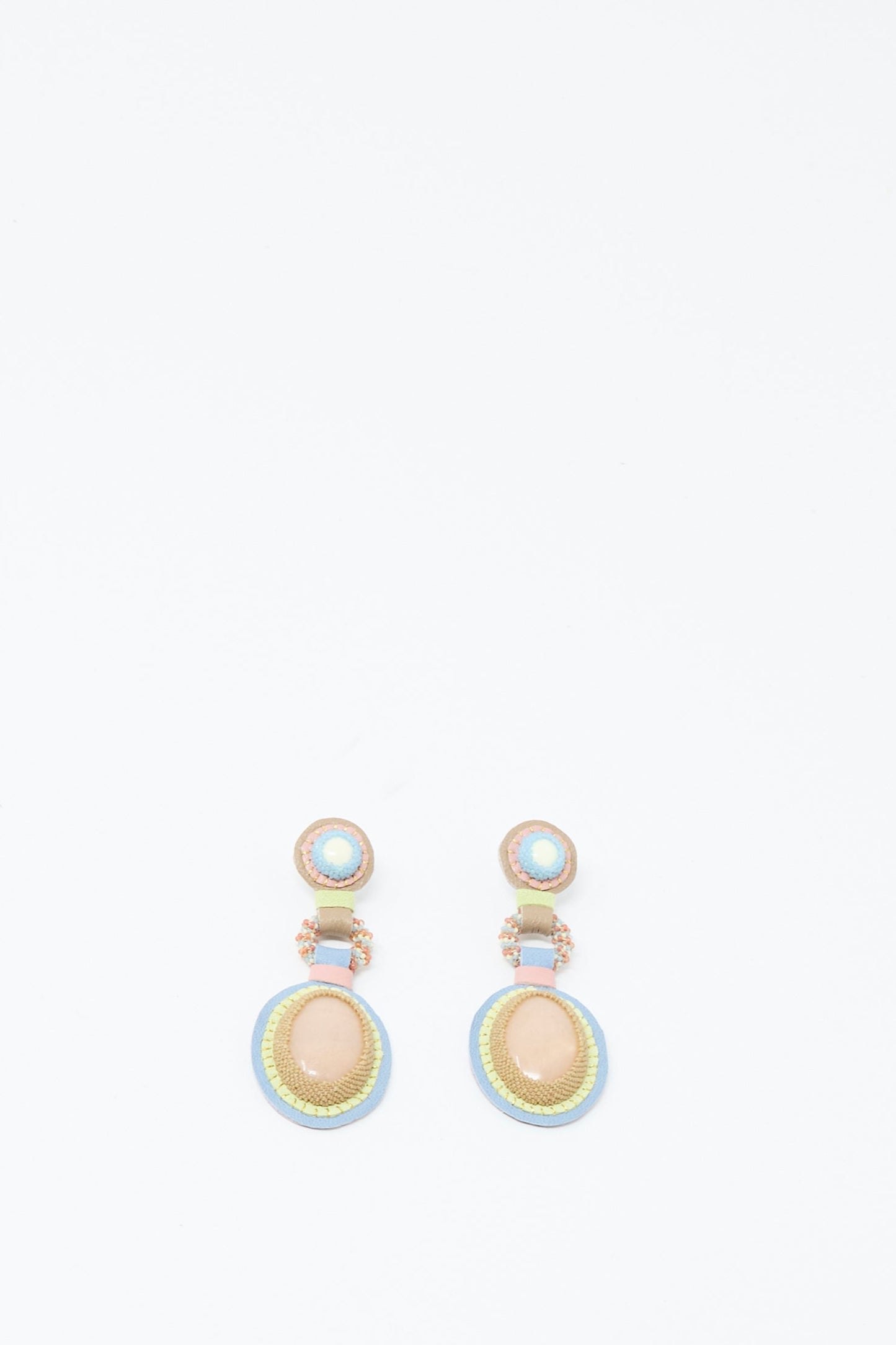 The Robin Mollicone Double Stone Earrings in Lemon Chrysoprase and Peach Aventurine feature gold-tone accents with pastel blue and peach stones, displayed against a plain white background.