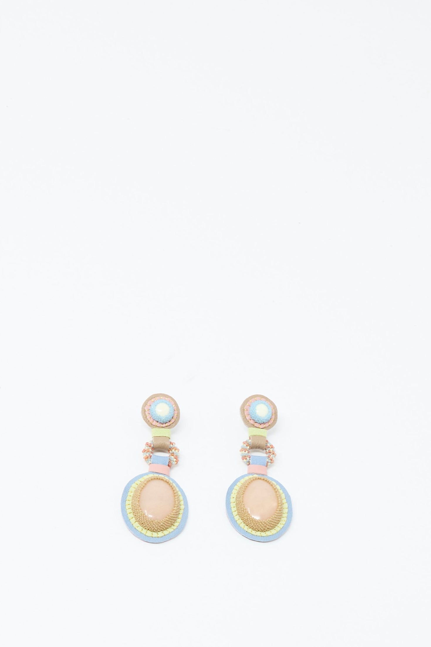The Robin Mollicone Double Stone Earrings in Lemon Chrysoprase and Peach Aventurine feature gold-tone accents with pastel blue and peach stones, displayed against a plain white background.