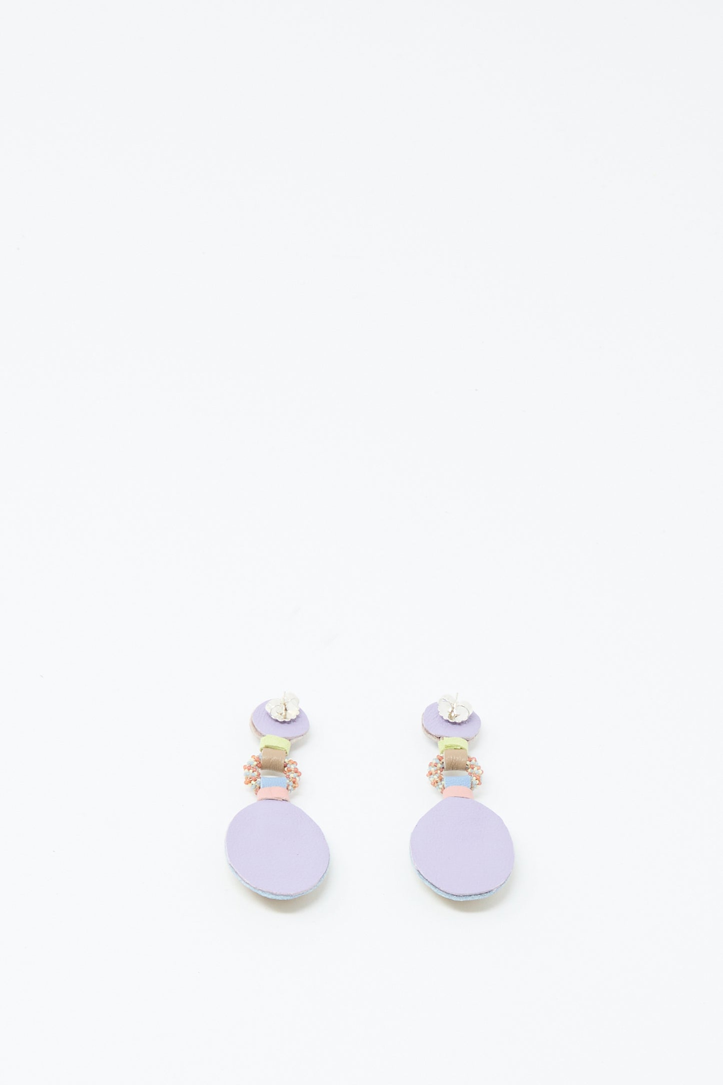 A pair of Robin Mollicone Double Stone Earrings in Lemon Chrysoprase and Peach Aventurine featuring circular and rectangular shapes with small pink bead accents, set against a white background.