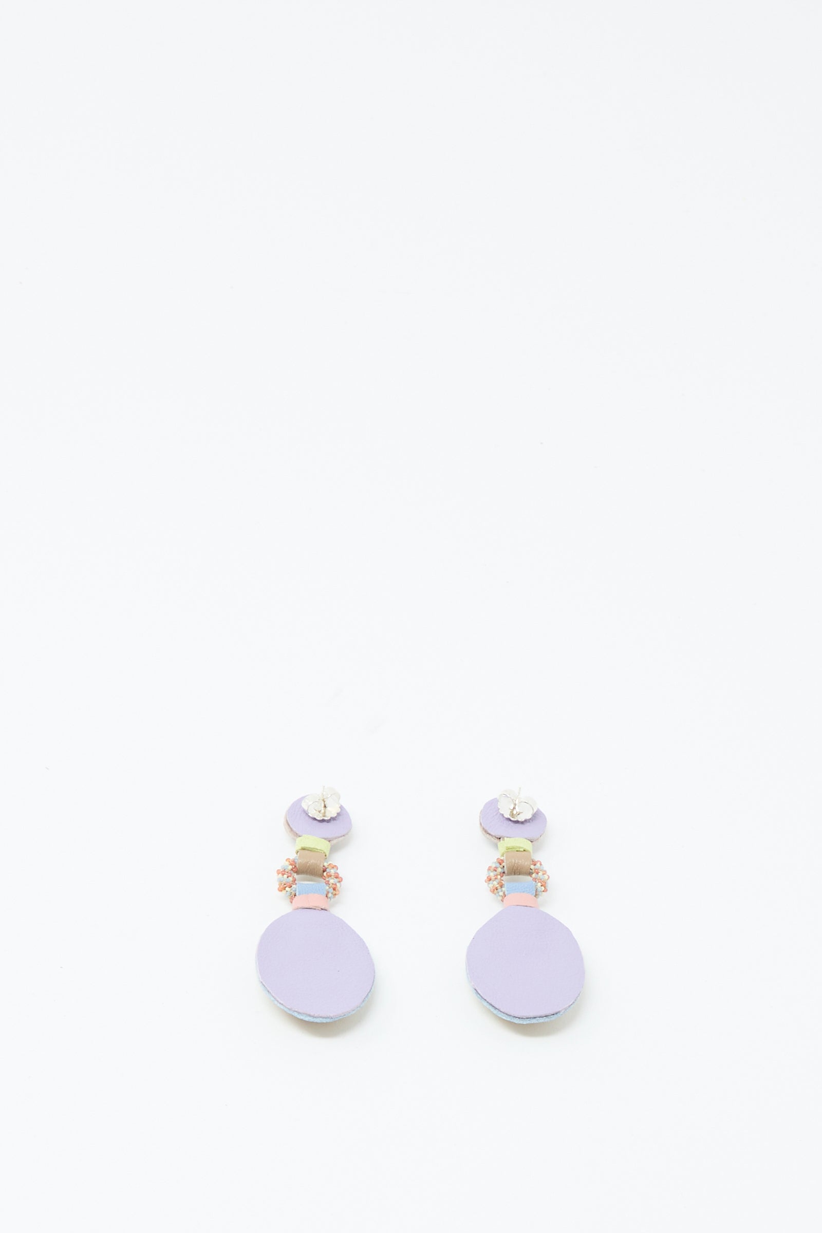 A pair of Robin Mollicone Double Stone Earrings in Lemon Chrysoprase and Peach Aventurine featuring circular and rectangular shapes with small pink bead accents, set against a white background.