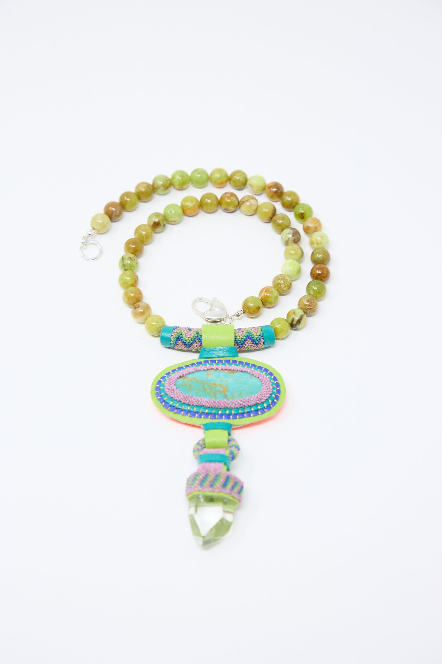 A **Double Stone Necklace with Crystal, Olive Opal Beads and Turquoise Stone** by **Robin Mollicone**, displayed on a white background.