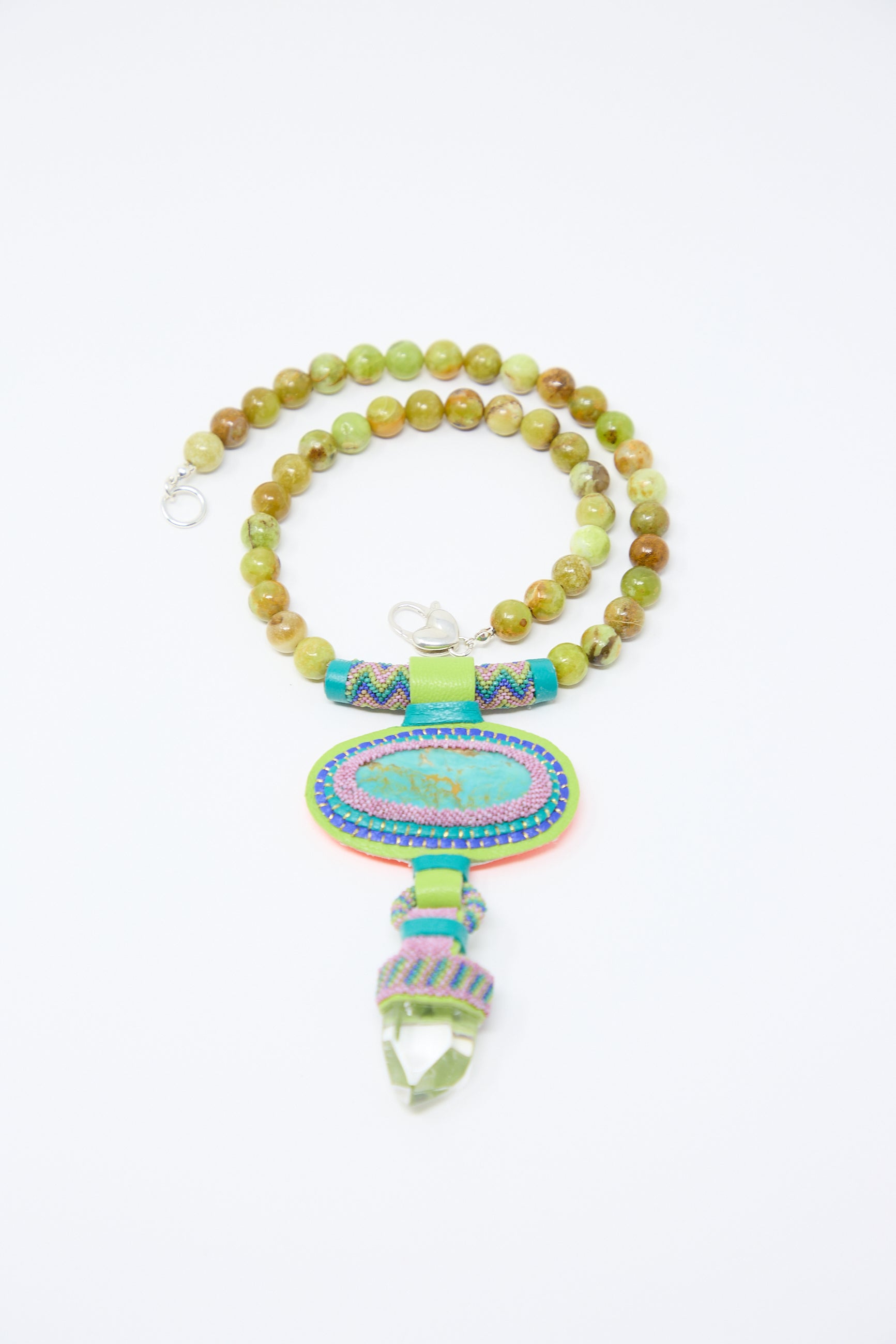 A **Double Stone Necklace with Crystal, Olive Opal Beads and Turquoise Stone** by **Robin Mollicone**, displayed on a white background.