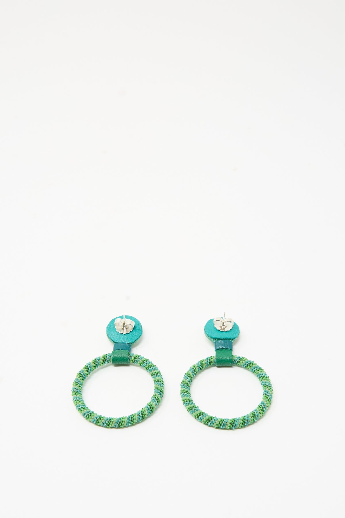 Medium Beaded Hoops in Green Malachite by Robin Mollicone, featuring handmade hoops wrapped in blue Lapis and green beads with teal circular post backings.