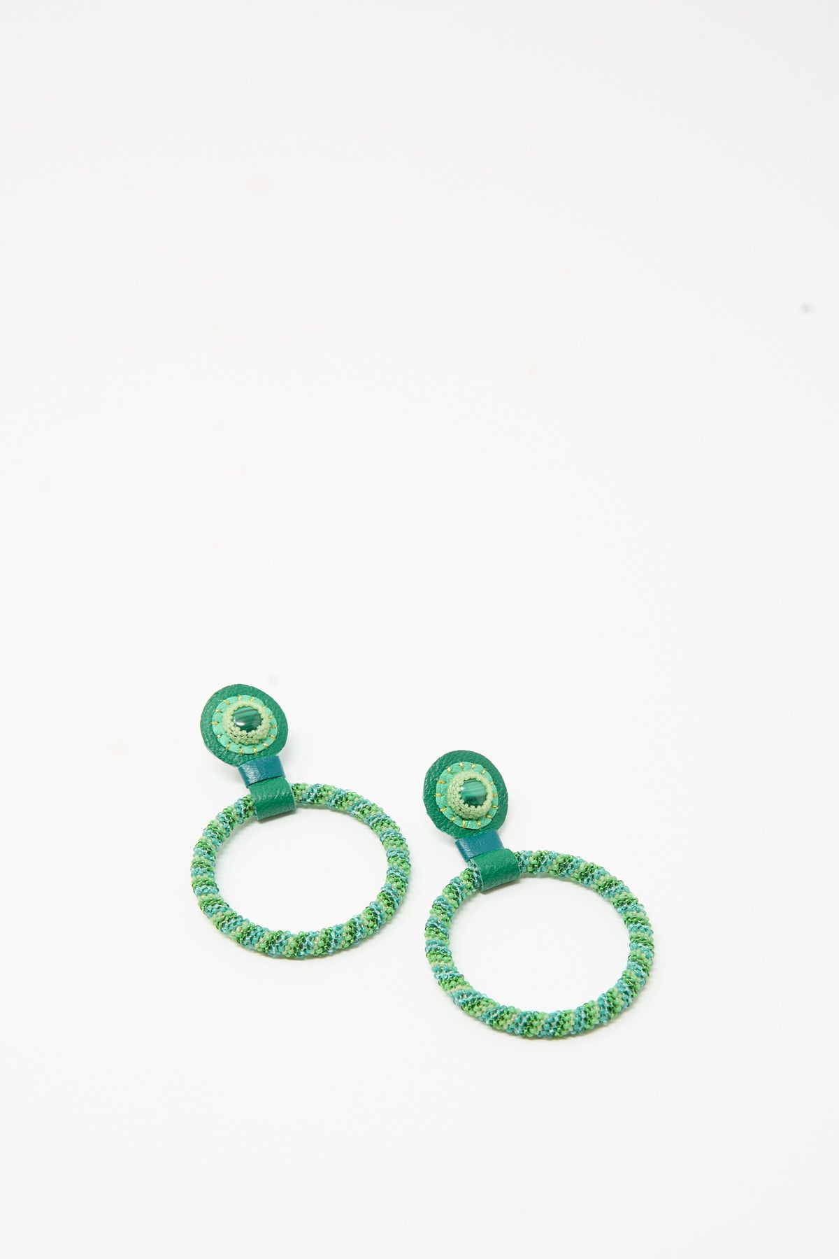 Robin Mollicone Medium Beaded Hoops in Green Malachite: a pair of handmade beaded hoop earrings featuring variegated green beads and a small matching circular stud at the top.