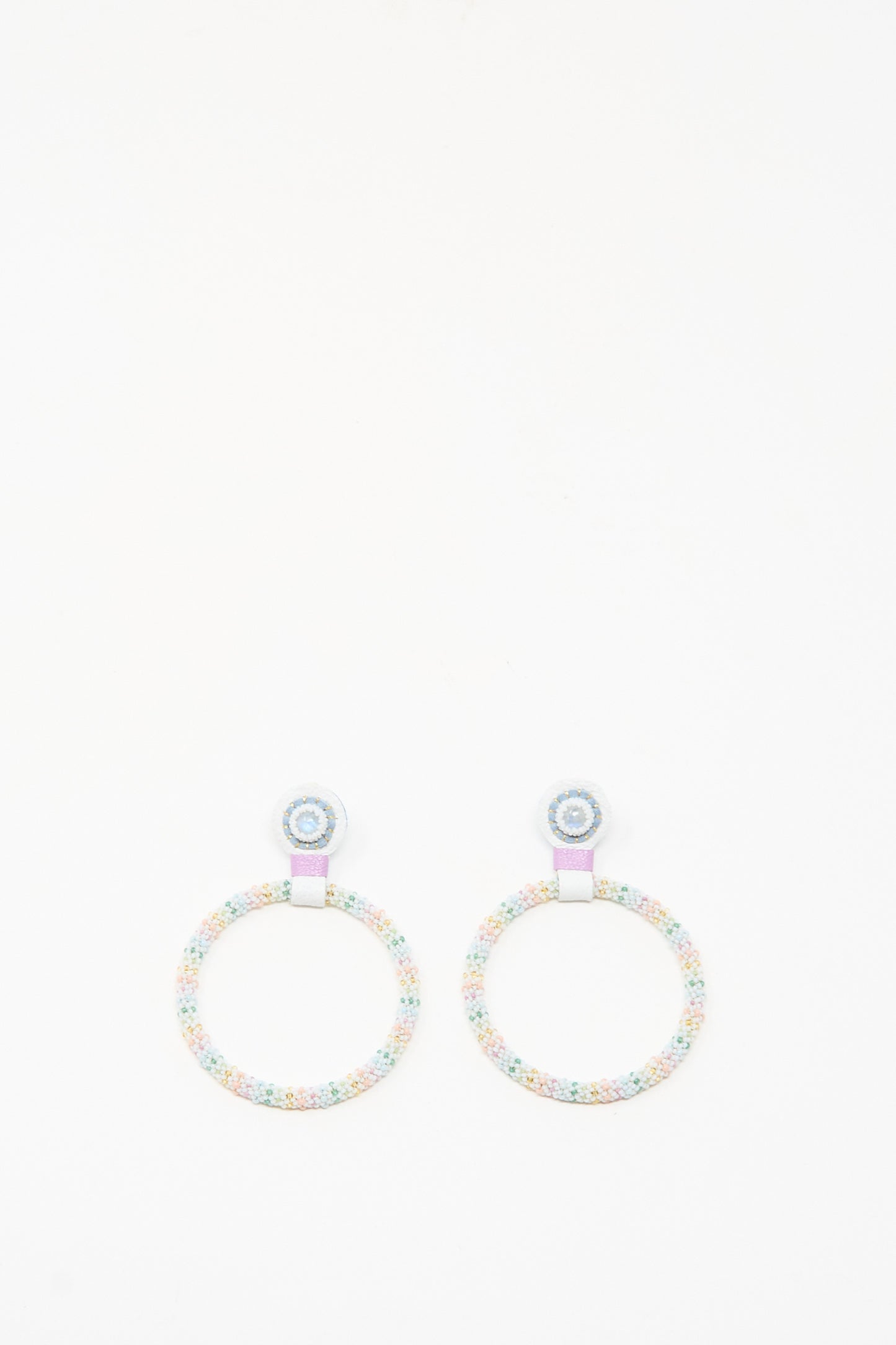 Large Beaded Hoops in Rainbow Moonstone by Robin Mollicone—colorful, handmade circular hoop earrings with a small round stud and larger beaded hoop below, shown on a white background.