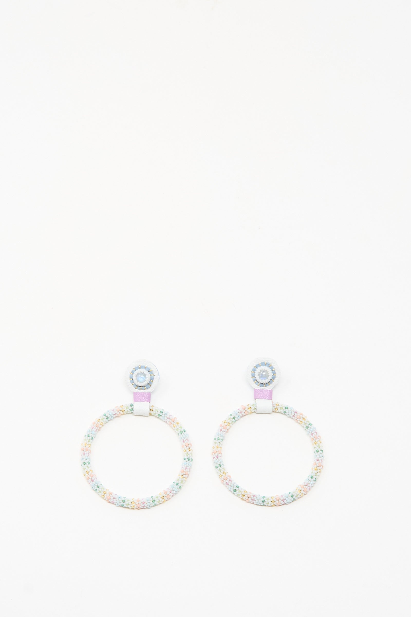 Large Beaded Hoops in Rainbow Moonstone by Robin Mollicone—colorful, handmade circular hoop earrings with a small round stud and larger beaded hoop below, shown on a white background.