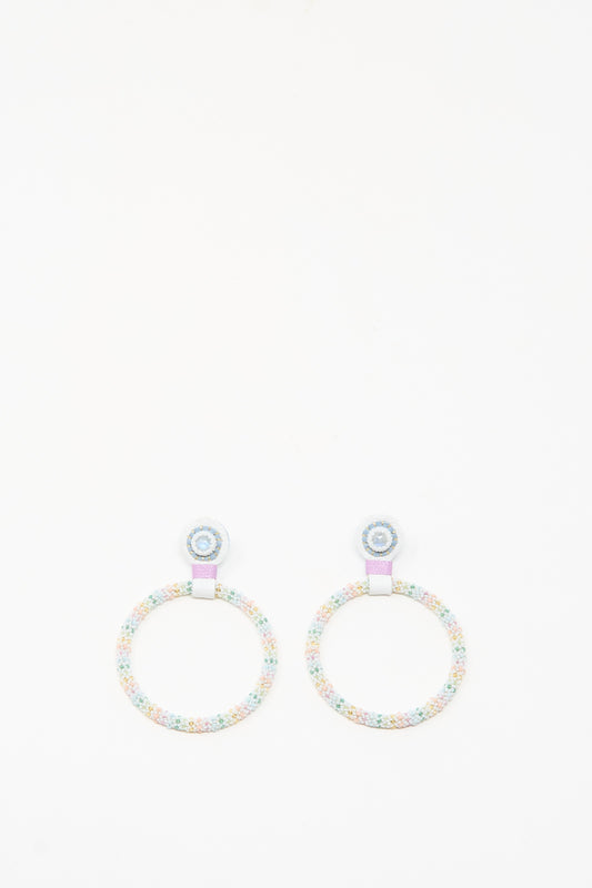 Large Beaded Hoops in Rainbow Moonstone by Robin Mollicone—colorful, handmade circular hoop earrings with a small round stud and larger beaded hoop below, shown on a white background.