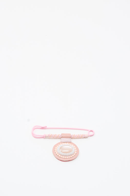 Robin Mollicone’s Moonstone Gem Drop Brooch in Pink—handmade in NYC—displayed on a plain white background.