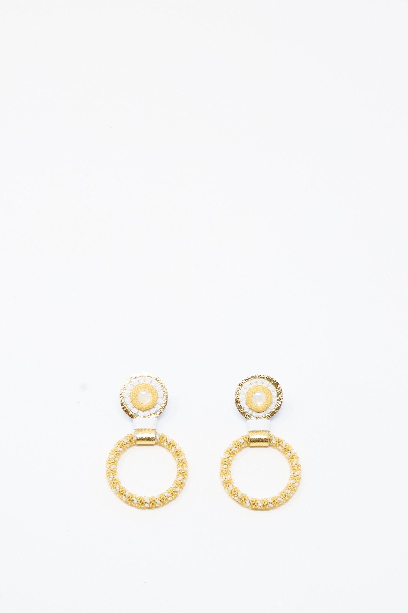 Introducing the Mother of Pearl Small Beaded Hoop Earrings in Pearl and Gold by Robin Mollicone—handcrafted hoops featuring delicate beading and lustrous details, radiating elegance against a plain white background.