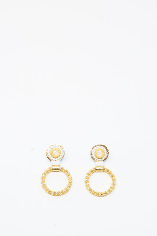 Introducing the Mother of Pearl Small Beaded Hoop Earrings in Pearl and Gold by Robin Mollicone—handcrafted hoops featuring delicate beading and lustrous details, radiating elegance against a plain white background.