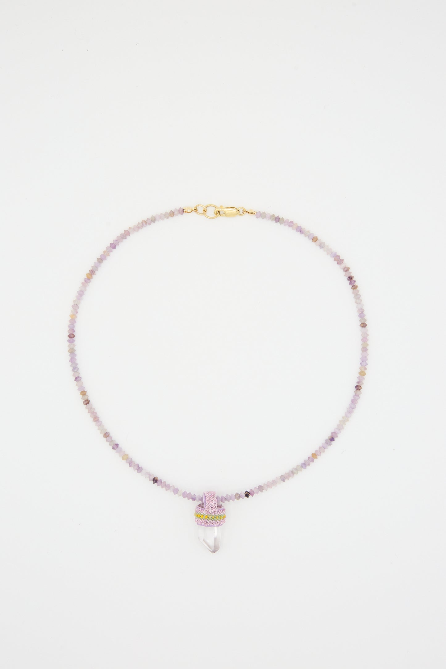 A delicate, handmade Robin Mollicone Petite Pendulum Necklace in Faceted Lepidolite Beads and Quartz Crystal with a gold clasp, featuring a quartz crystal pendant encased in a design with small pink and green stones. The beads are small lepidolite beads, mostly light-colored.