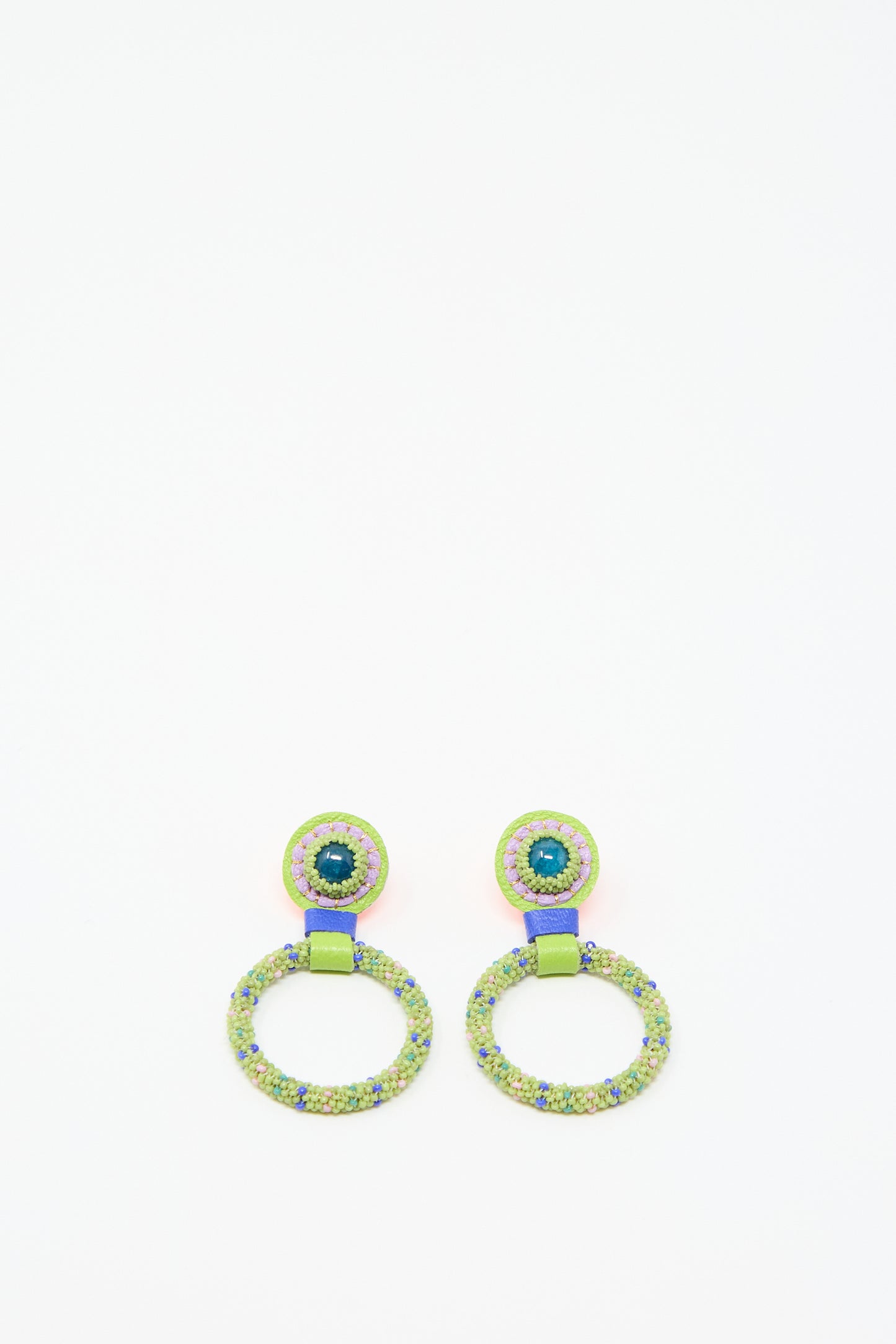 A pair of Small Beaded Hoop Earrings in Olive Dots with Apatite Stone Tops by Robin Mollicone, displayed on a white background.