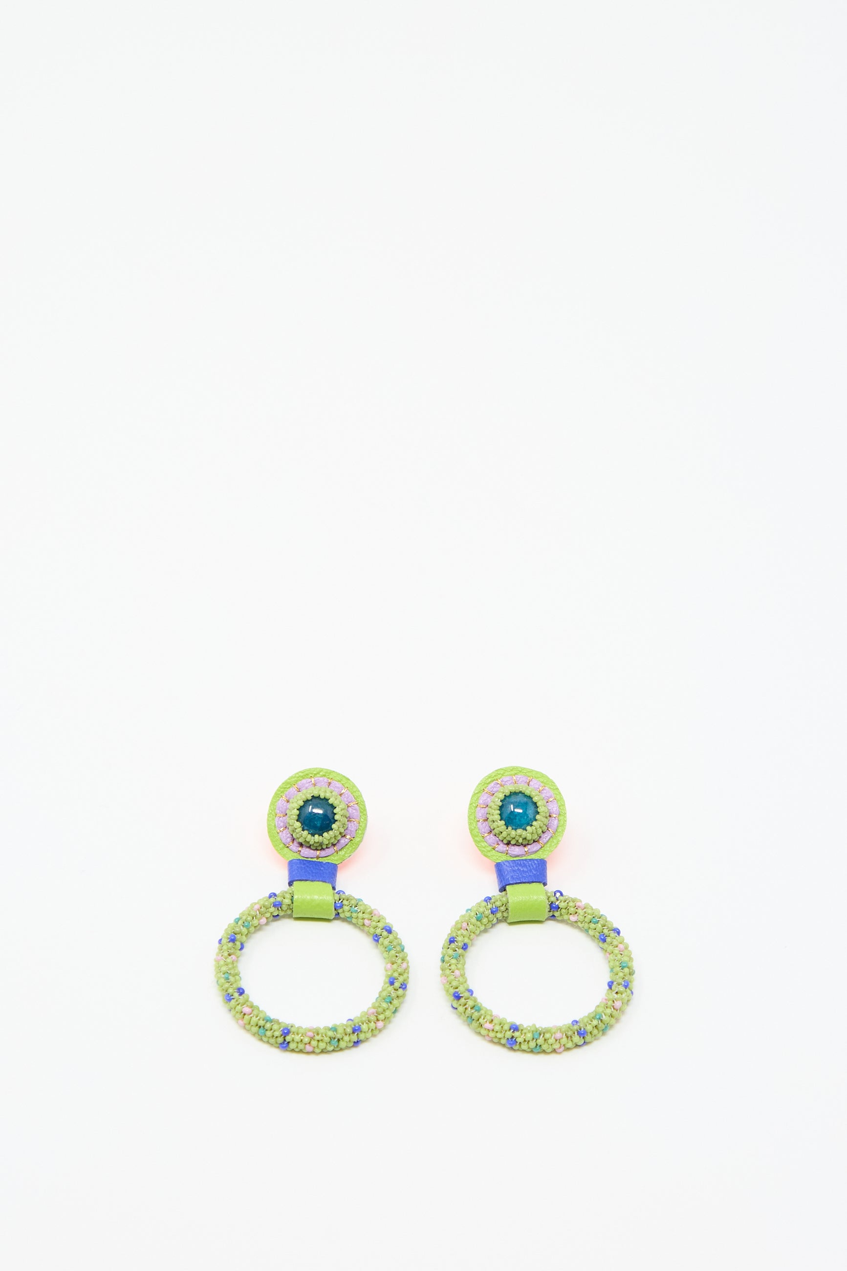 A pair of Small Beaded Hoop Earrings in Olive Dots with Apatite Stone Tops by Robin Mollicone, displayed on a white background.