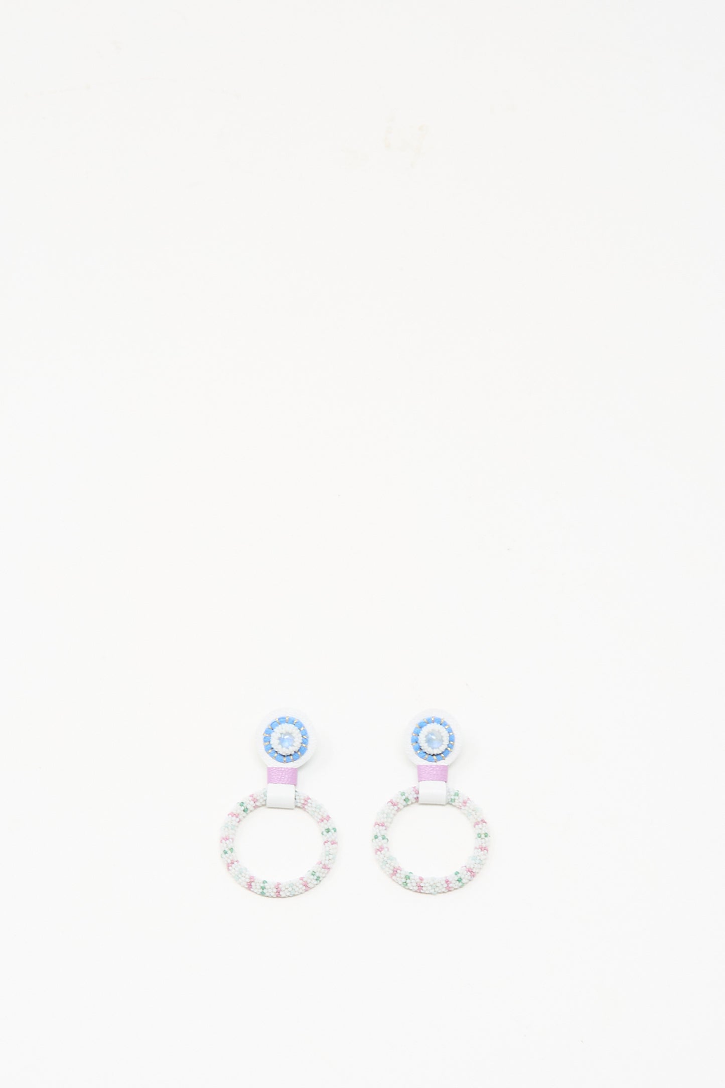 Small Beaded Hoops in Rainbow Moonstone by Robin Mollicone, featuring round pastel handmade earrings with circular studs and beaded hoop dangles, displayed on a plain white background.