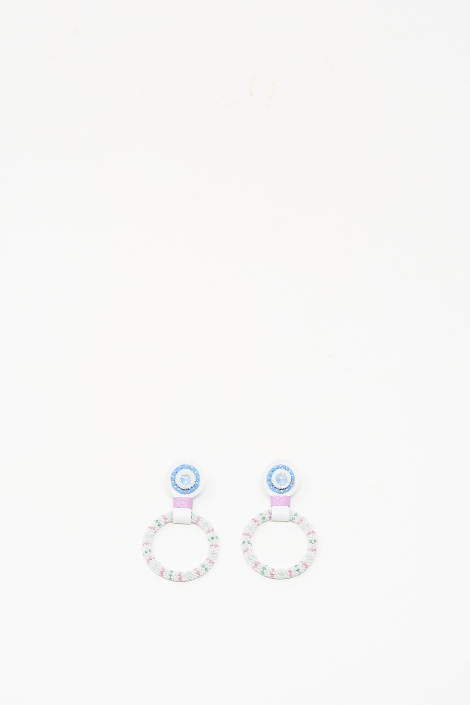 Small Beaded Hoops in Rainbow Moonstone by Robin Mollicone, featuring round pastel handmade earrings with circular studs and beaded hoop dangles, displayed on a plain white background.