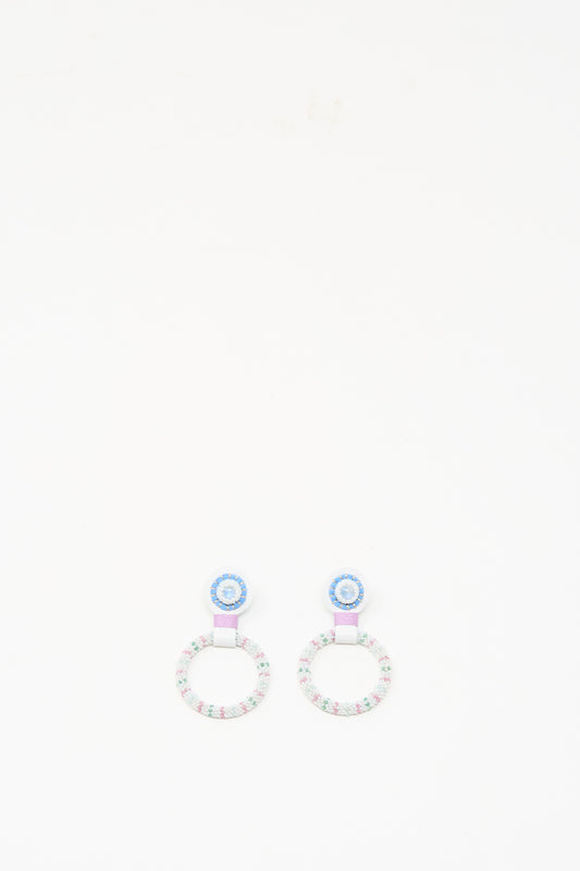 Small Beaded Hoops in Rainbow Moonstone by Robin Mollicone, featuring round pastel handmade earrings with circular studs and beaded hoop dangles, displayed on a plain white background.