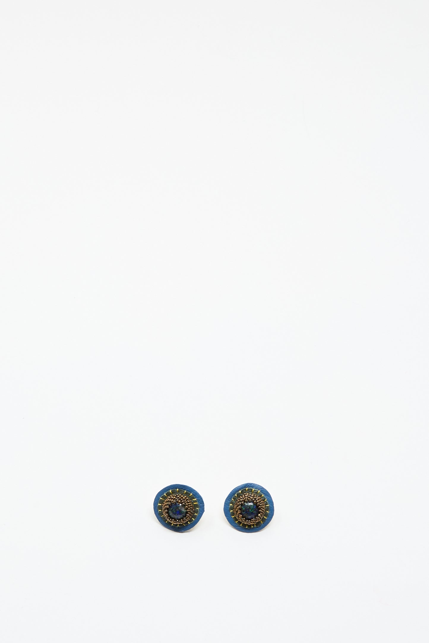 Handmade Robin Mollicone Stud Earrings in Blue with Azurite, featuring blue and gold detailing, shown on a plain white background.