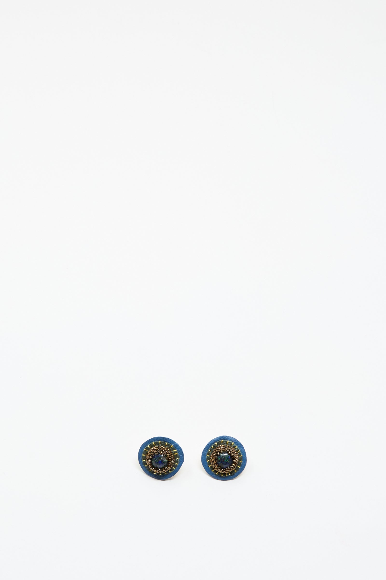 Handmade Robin Mollicone Stud Earrings in Blue with Azurite, featuring blue and gold detailing, shown on a plain white background.