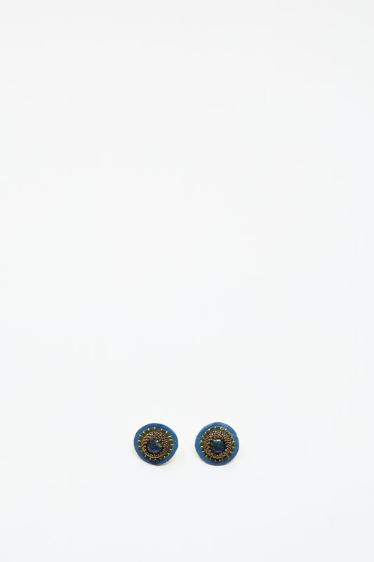 Handmade Robin Mollicone Stud Earrings in Blue with Azurite, featuring blue and gold detailing, shown on a plain white background.