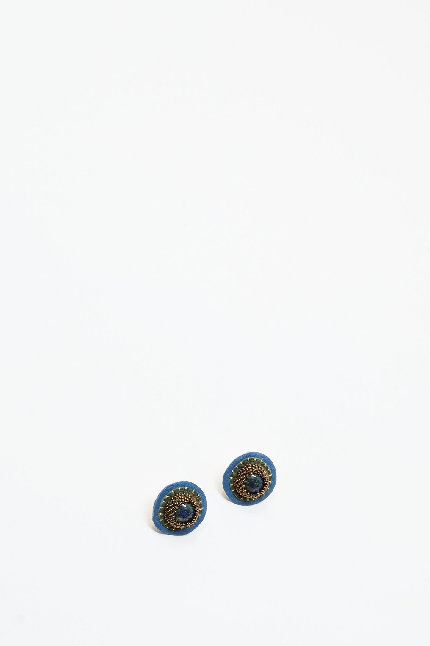 A pair of Robin Mollicone Stud Earrings in Blue with Azurite, featuring small, round handmade design and blue and gold detailing, displayed on a plain white background.