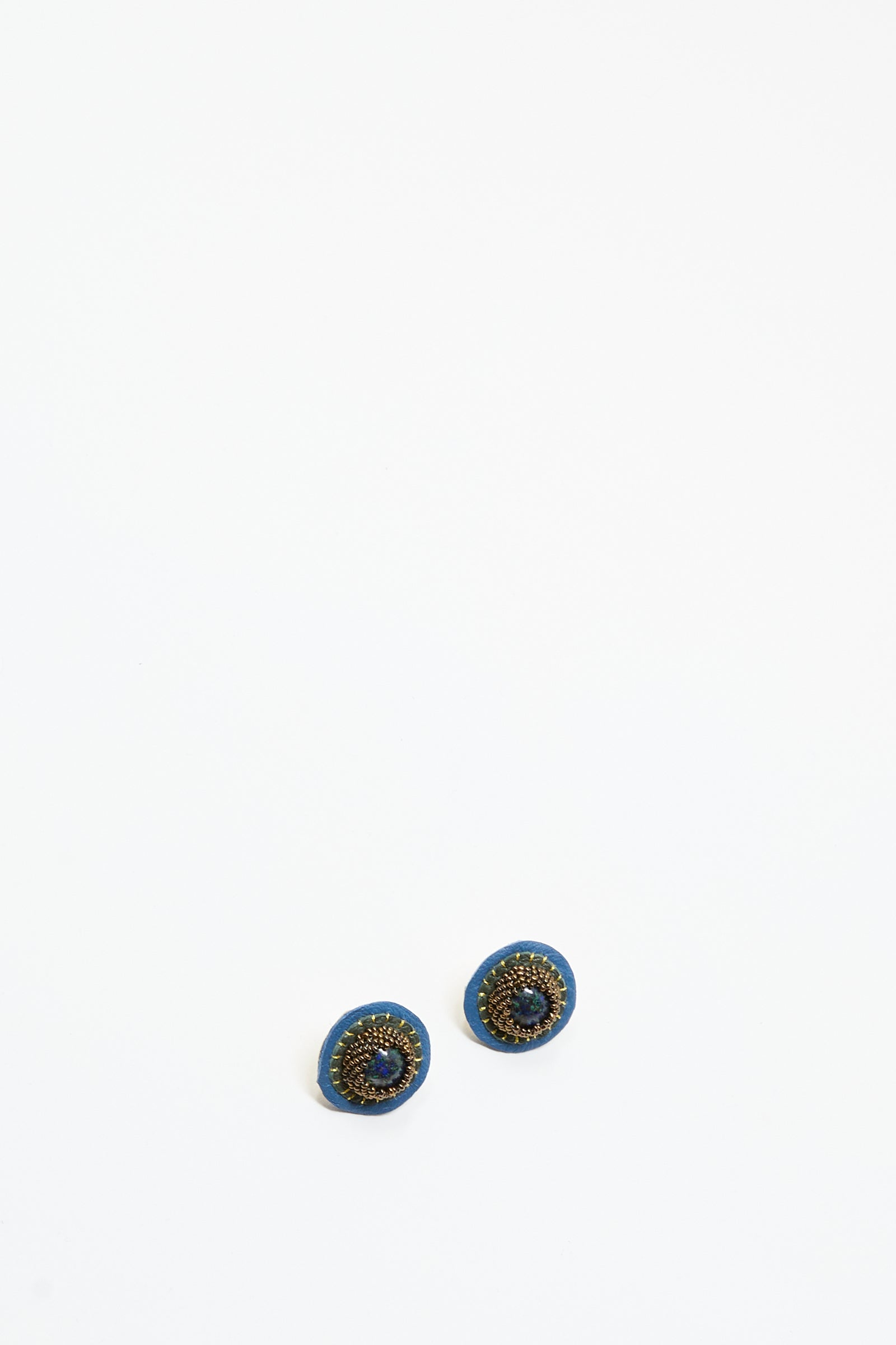 A pair of Robin Mollicone Stud Earrings in Blue with Azurite, featuring small, round handmade design and blue and gold detailing, displayed on a plain white background.