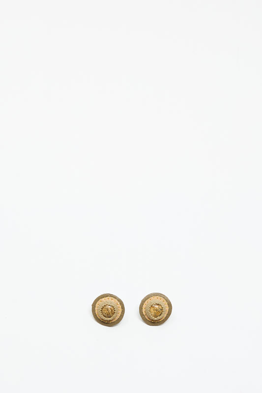 Two small, round Stud Earrings in Brown with Picture Jasper by Robin Mollicone are shown side by side on a plain white background near the bottom of the image.