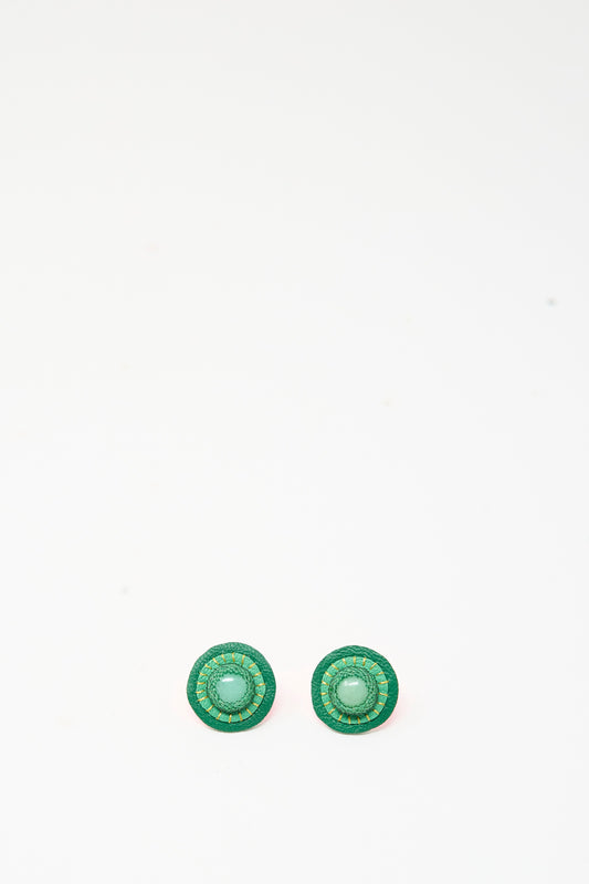 Robin Mollicone Stud Earrings in Chrysoprase featuring round green leather with a central light green stone.
