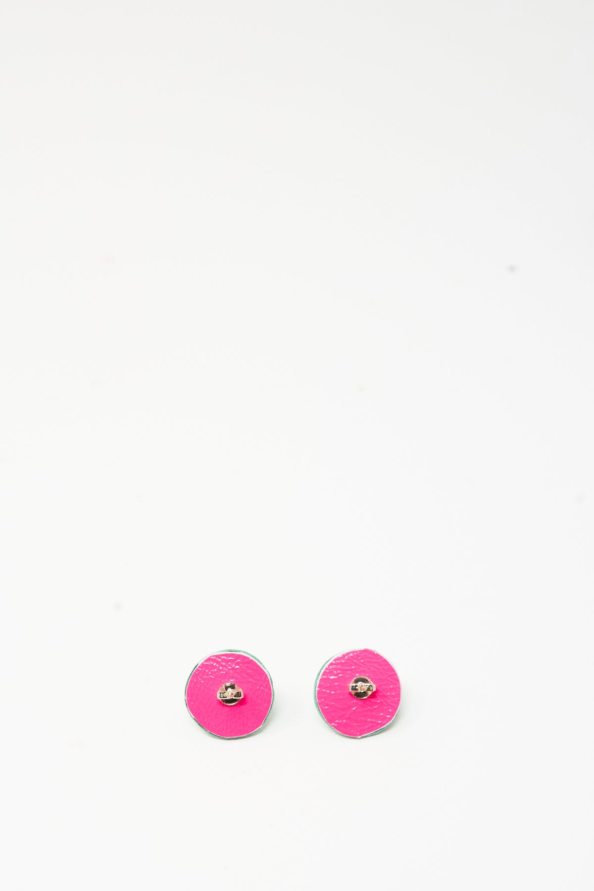 Back view of round, bright pink leather Stud Earrings in Chrysoprase.
