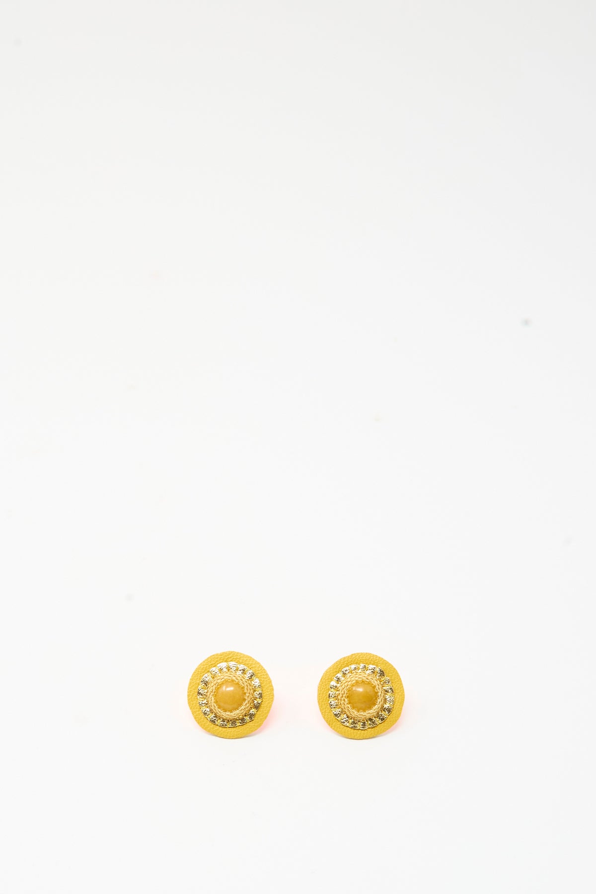 Robin Mollicone Stud Earrings in Jasper featuring handmade yellow jasper stones surrounded by metallic beading.
