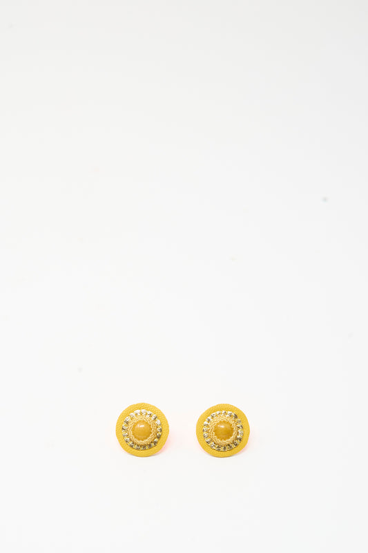 Robin Mollicone Stud Earrings in Jasper featuring handmade yellow jasper stones surrounded by metallic beading.